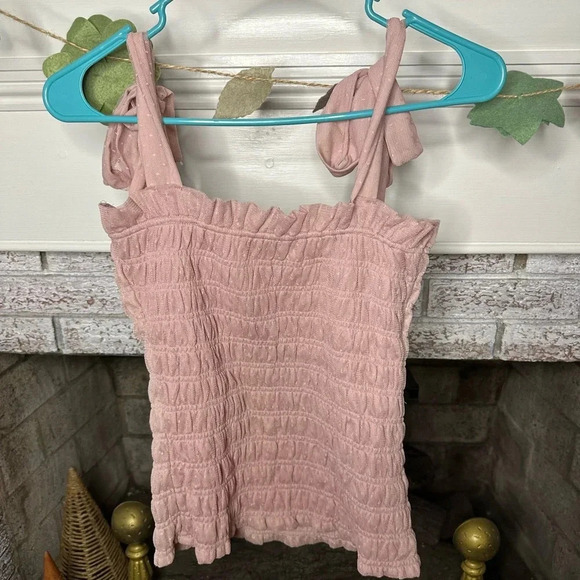 Anthropologie tie shoulder smocked bodice Swiss dot top rose color size small - Picture 2 of 6